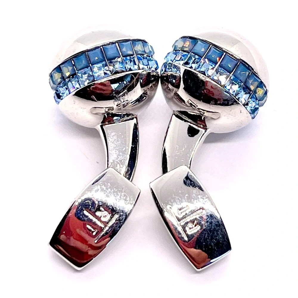 R|T by Robert Tateossian London Swarovski Blue Crystal Cufflinks Rhodium w Box
